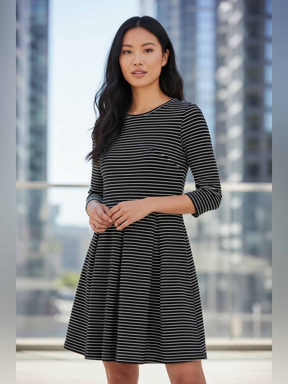Max Studio Black White Pleated Textured Striped Fit & Flare Dress; 3/4 Sleeve